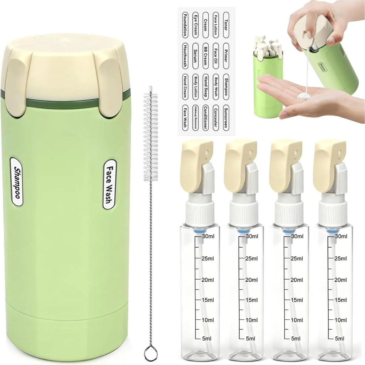 4-in-1 travel toiletry bottles, travel shampoo and conditioner bottles, refillable travel toiletry bottles, TSA-compliant pump lotion bottles, perfect for vacations