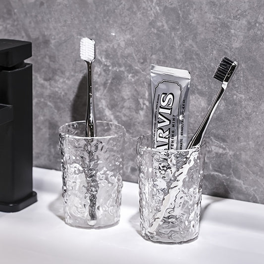 Glacier Texture Plastic Glass-like Bathroom Cup - Icy White Corrugated Toothbrush Holder & Vanity Cup, Durable Shatterproof Glass-like Design, for Couples, Modern Shower Organizer, Holiday Gift (Toothbrush Compatible)