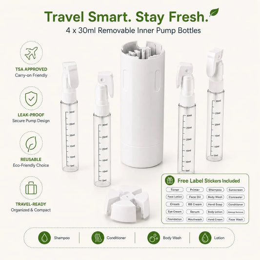 4-in-1 Travel Dispenser Bottle, Refillable Containers with Clear Scale and Waterproof Labels, Leak Resistant Travel Toiletry Bottles for Cosmetics, Shampoo, Lotion, White