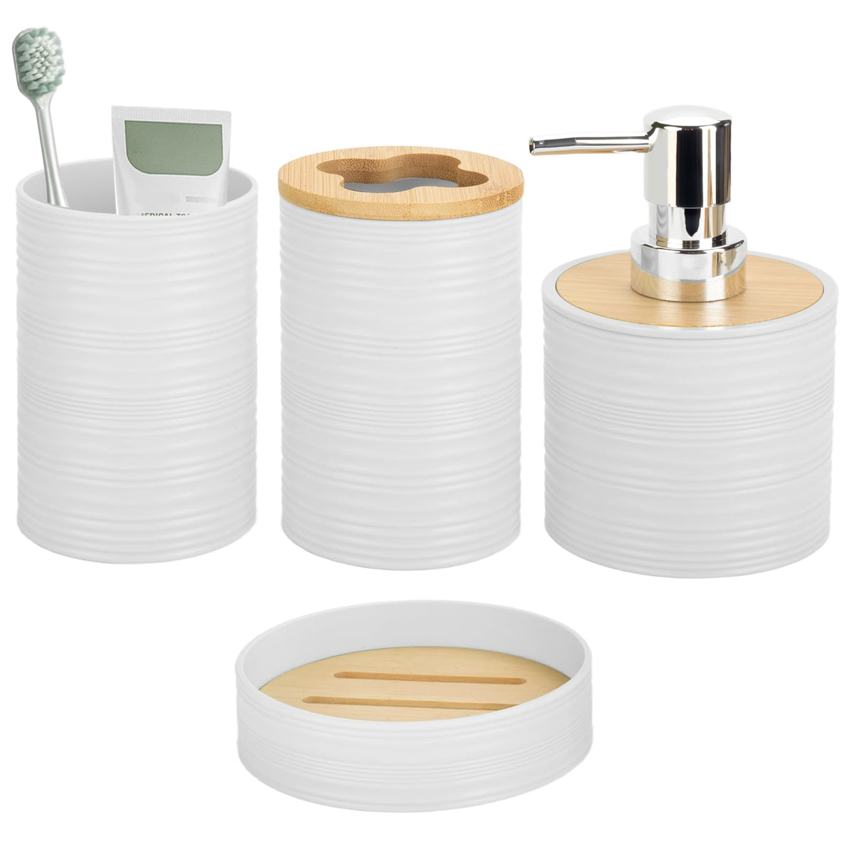 RRM 4 Piece Bamboo Bathroom Accessories Set, Boho Bathroom Decor, Aqua