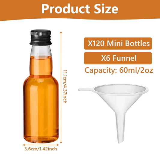 120-Piece Bulk Transparent Plastic Carbonated Water Storage Bottles (4.337 Inches Height, 2 fl oz) with Leakproof Caps, 6 Funnel Pouring Aids - Home & Kitchen Organization Supplies for Weddings, Birthdays