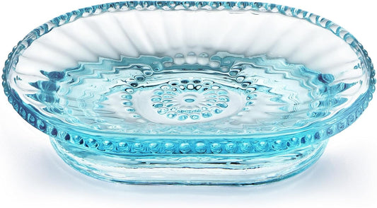 Glass Soap Dish, Vintage Embossed Bar Soap Holder, Decorative Soap Saver Tray for Shower, Bathtub, Bathroom and Kitchen Sink