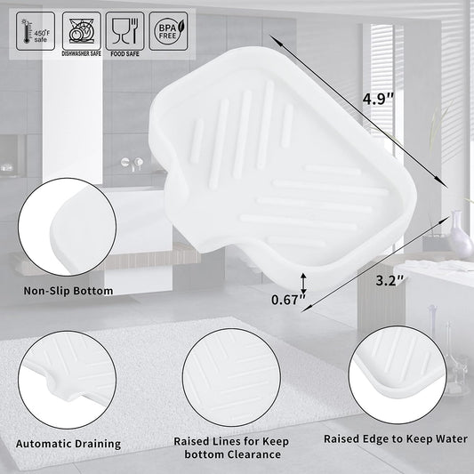 MicoYang Silicone Soap Dish with Drain Spout, Self-Draining Sink Organizer Tray for Bathroom and Kitchen, Sponges, Dispensers and Soap Holder, Non-Slip and Dishwasher Safe, White (Compact, 4.9"×3.2")