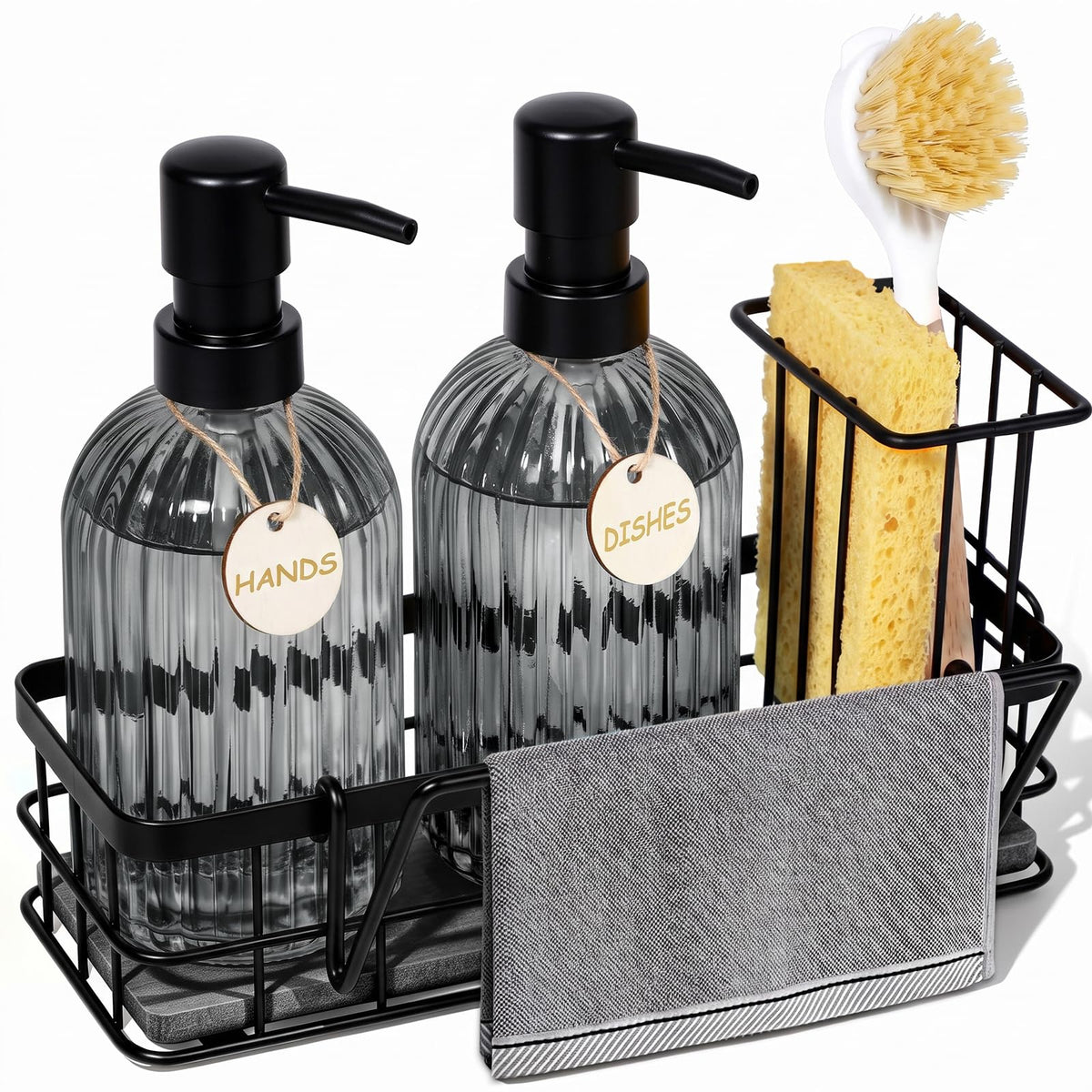 Kitchen Soap Dispenser Set, Hand and Dish Soap Dispenser Set with Sponge Holder, Dish Soap Dispenser with Instant Dry Tray for Kitchen Organizer, 15 fl oz Clear Glass Soap Dispenser with Pump