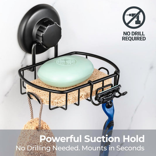 HASKO 2 Pack Suction Cup Soap Dish for Shower Wall, Rustproof Stainless Steel, Shower Soap Holder with Hooks, Includes Optional No Drill Adhesive Mount for Bathroom, 2 Soap Savers, Black