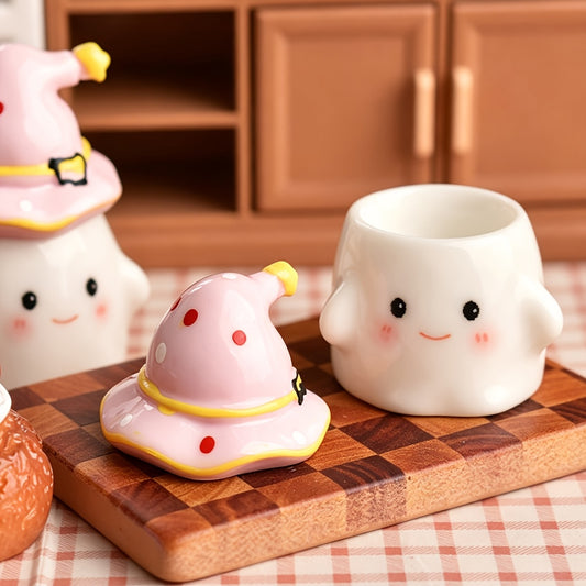 1pc Mini Nail Brush Washing Cup, Nail Art Cleaner Cup, Cute Ghost Ceramic Wash Cup with Detachable Witch Hat Lid, Portable Tiny Manicure Brush Rinse Holder, Nail Desktop Supplies, Halloween Cartoon Nail Art Tools for Salon Home Gel Nail Painting