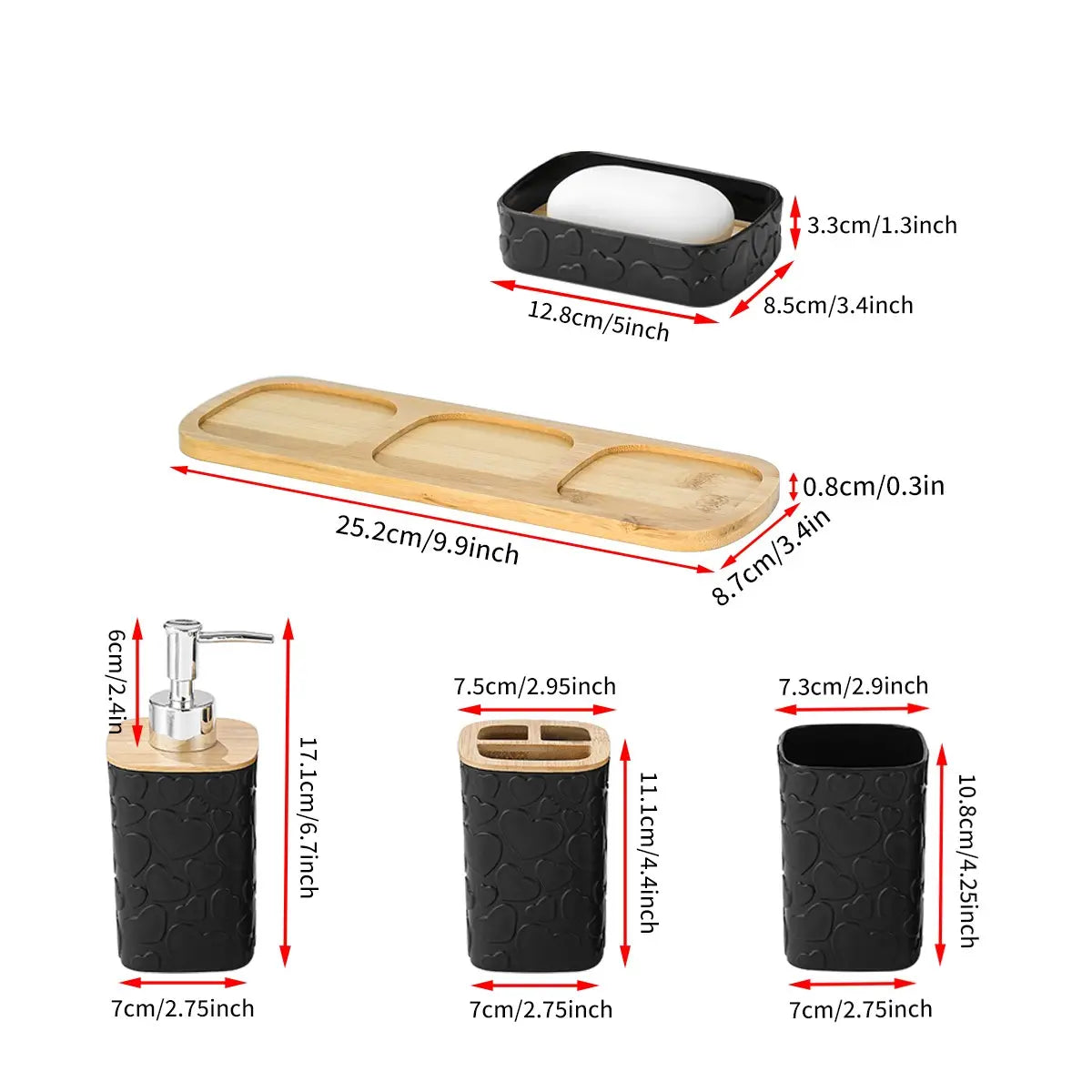 5-Piece Heart Pattern Bathroom Accessory Set, Matte Resin Storage Kit with Bamboo Base, Includes Soap Dispenser, Toothbrush Holder, Mouthwash Cup, Soap Dish, Tray, Restroom Accessories