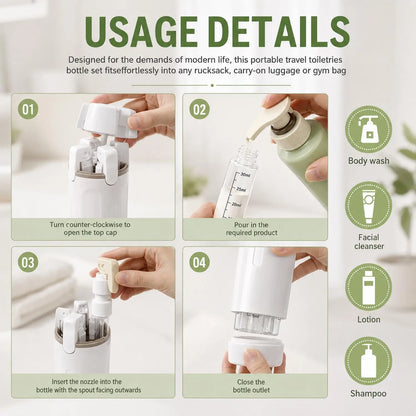 4-Pack Leak-Proof Plastic 4-in-1 Travel Toiletry Dispensers, 30ml Refillable Toiletries Storage Bottles for Shampoo, Conditioner, Body Wash, Lotion - Portable Home Organizer for Camping, Vacation