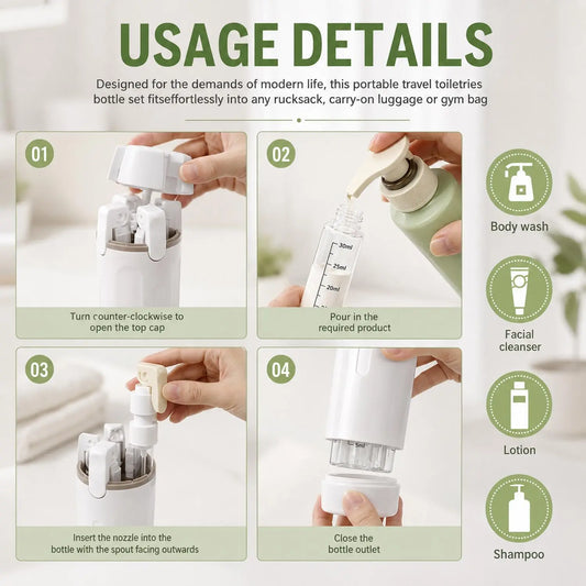 4-Pack Leak-Proof Plastic 4-in-1 Travel Toiletry Dispensers, 30ml Refillable Toiletries Storage Bottles for Shampoo, Conditioner, Body Wash, Lotion - Portable Home Organizer for Camping, Vacation