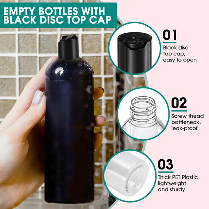 3Pcs 16 oz (500ml) BPA-Free Squeezable Refillable Plastic Empty Bottles, Black Disc Top Caps, 2 Small Funnels - Home Improvement Containers for Shampoo, Lotions,sohochic