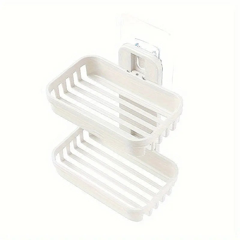 Beige-Pink Wall-Mount Plastic 2-Layer Rectangle Soap Dish Set, Durable Compact Bathroom Storage Organizer, Removable Home Bathroom Supply