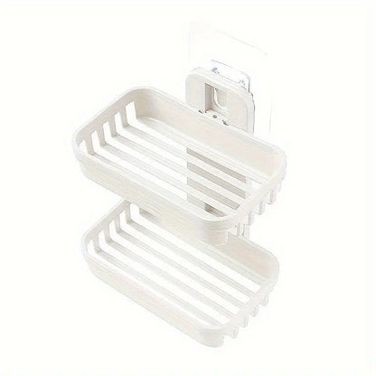 Beige-Pink Wall-Mount Plastic 2-Layer Rectangle Soap Dish Set, Durable Compact Bathroom Storage Organizer, Removable Home Bathroom Supply