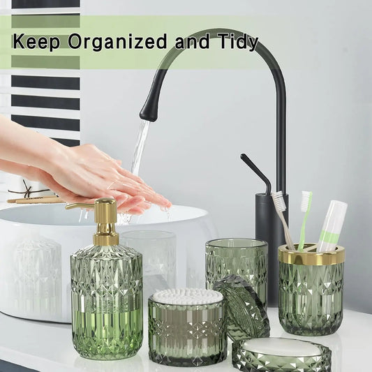 5-Pc Durable Eco-Friendly Bathroom Necessities Set - Enclosed Lid Moisture Seal Accessory Set with Lotion Soap Dispenser, Soap Dish, Toothbrush Holder, Tumbler, Cotton Swab Jar - Ideal for Decor, Women's Housewarming Gift, Bathroom Accessory Set, Durable