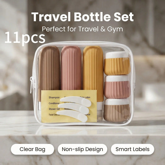 11Pcs Leakproof Silicone Travel Bottles Set - Refillable Cosmetic Storage Containers, Reusable Compact Set with Labels & Toiletry Bag, Portable Travel & Perfume Bottle Kit for Shampoo, Body Wash, Skincare (Vacation, Gym Use)