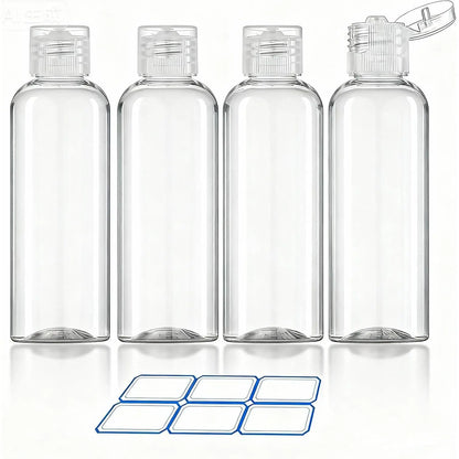 4 Pack 3.4 Oz (100ml) TSA Approved Travel Bottles for Toiletries | Leak Proof Plastic Travel Essentials Accessories with Labels