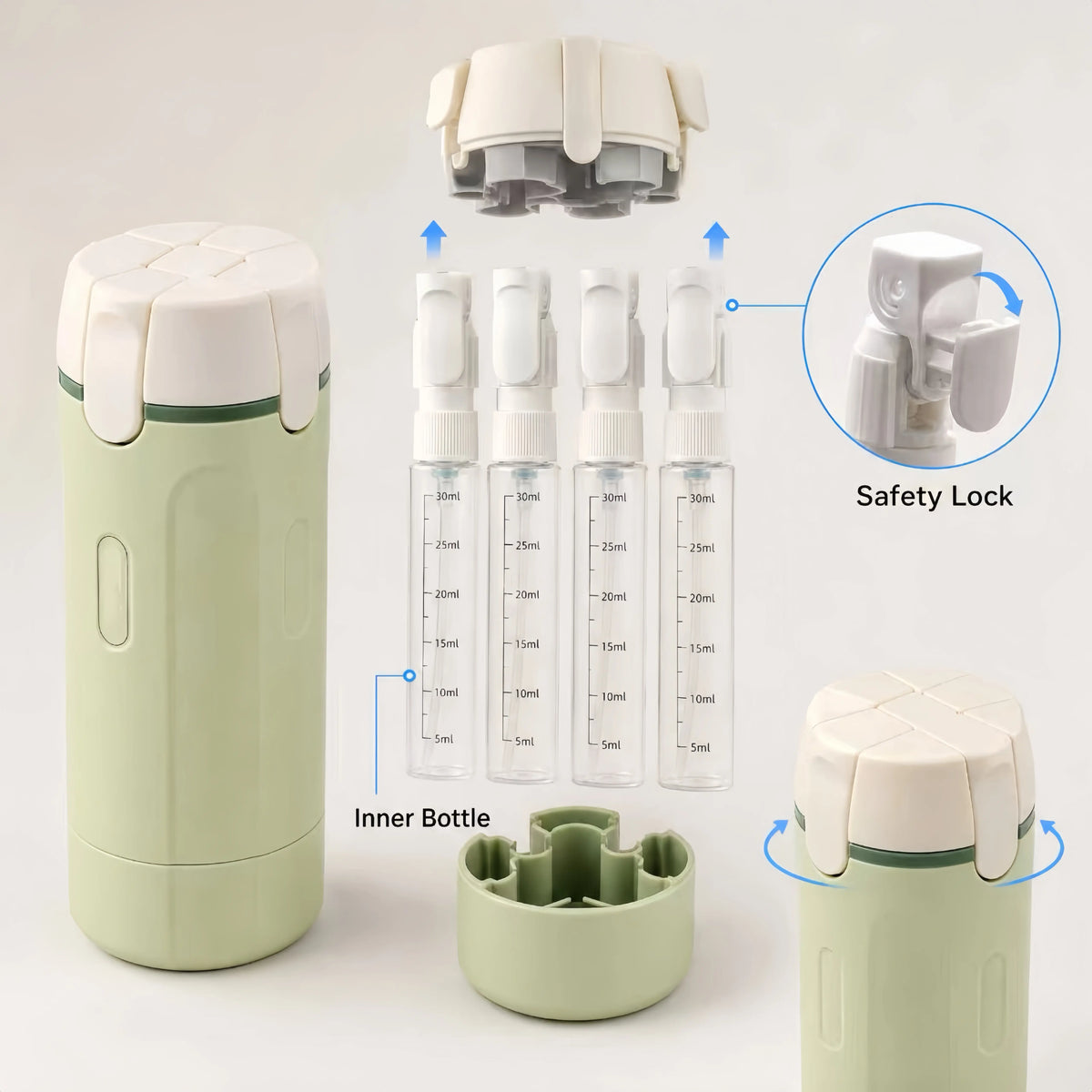 4-in-1 Compact Portable Travel Toiletry Dispenser Set, TSA-Approved Leakproof Airtight Refillable Design Storage Bottles, BPA-Free Travel-Size Containers with Spray Bottle Labels for Shampoo, Body Wash, Skincare, Airplane Essentials