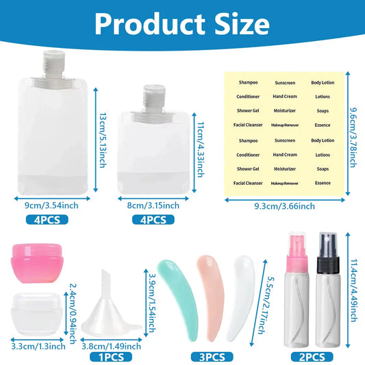 Travel Bottles Travel Size Toiletry Containers Set TSA Approved Refillable Empty Squeeze Travel Liquid Bottles Jars Spray Bottles with Funnel Spatula Labels Portable Leak Proof Cosmetic Travel Accessories for Shampoo Lotion Skincare
