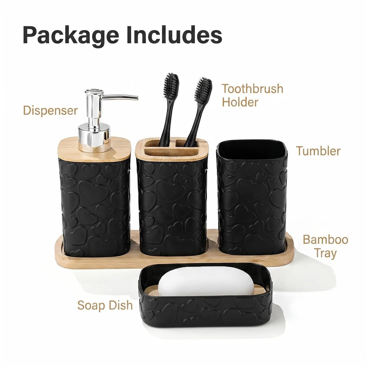 5-Piece Heart Pattern Bathroom Accessory Set, Matte Resin Storage Kit with Bamboo Base, Includes Soap Dispenser, Toothbrush Holder, Mouthwash Cup, Soap Dish, Tray, Restroom Accessories