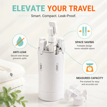4-in-1 Compact Portable Travel Toiletry Dispenser Set, TSA-Approved Leakproof Airtight Refillable Design Storage Bottles, BPA-Free Travel-Size Containers with Spray Bottle Labels for Shampoo, Body Wash, Skincare, Airplane Essentials