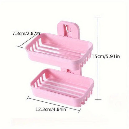 Beige-Pink Wall-Mount Plastic 2-Layer Rectangle Soap Dish Set, Durable Compact Bathroom Storage Organizer, Removable Home Bathroom Supply