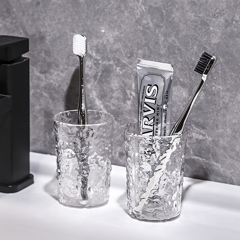 Glacier Texture Plastic Glass-like Bathroom Cup - Icy White Corrugated Toothbrush Holder & Vanity Cup, Durable Shatterproof Glass-like Design, for Couples, Modern Shower Organizer, Holiday Gift (Toothbrush Compatible)