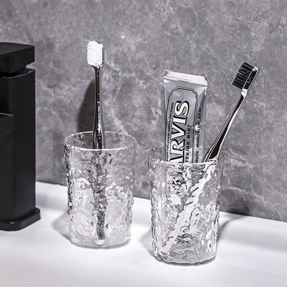 Glacier Texture Plastic Glass-like Bathroom Cup - Icy White Corrugated Toothbrush Holder & Vanity Cup, Durable Shatterproof Glass-like Design, for Couples, Modern Shower Organizer, Holiday Gift (Toothbrush Compatible)