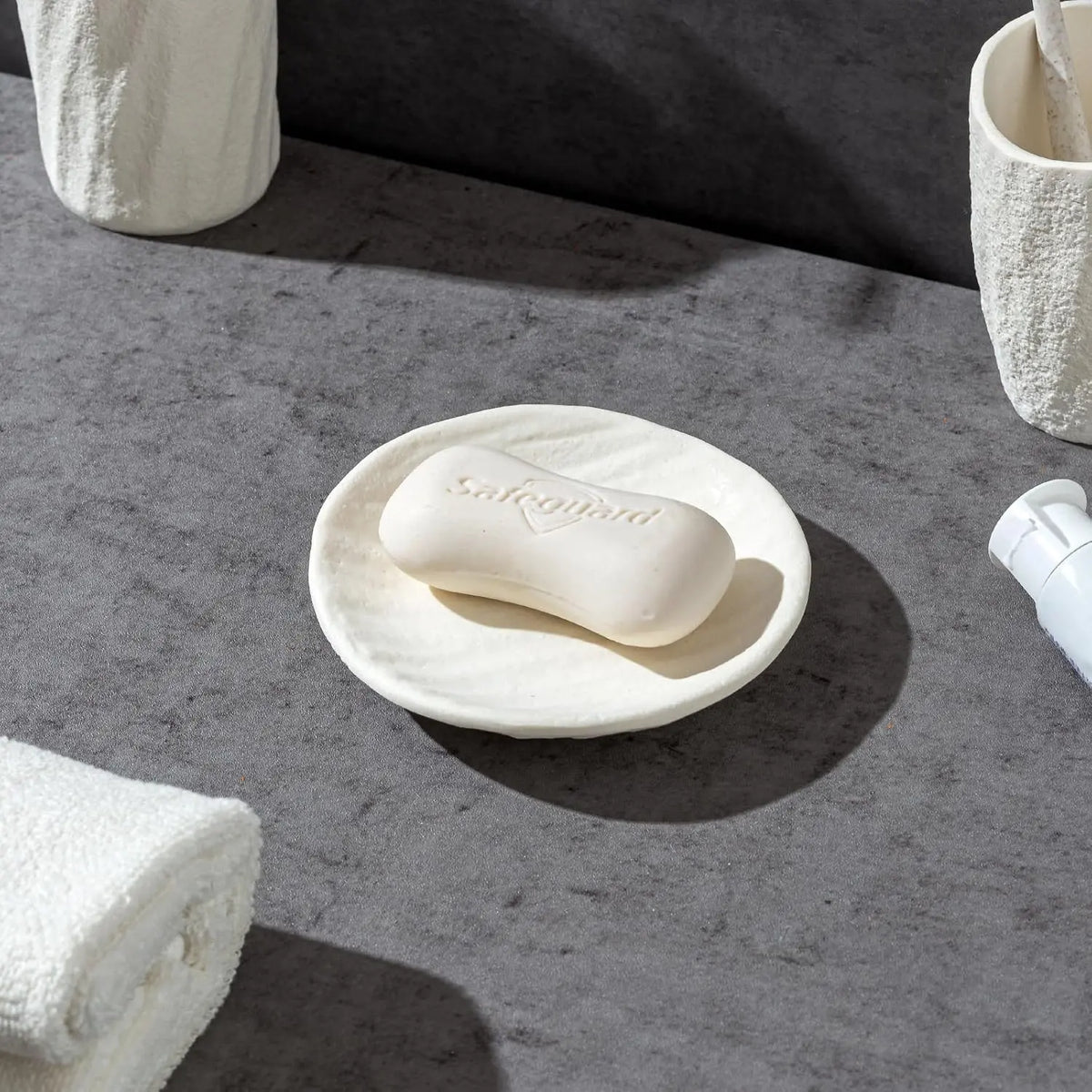 Bathroom Accessories Set, 4 count Modern Stone Texture, White | Minimalist, , with Liquid Soap Dispenser 11.5 OZ, Tumblers,  Holder, Bar Soap Tray, For Countertop Sink