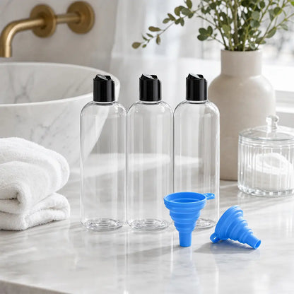 3-Pack 16oz Clear PET Refill Bottles + 2 Funnels, BPA-Free Squeeze/Disc-Top Travel Shampoo Conditioner Lotion Dispensers