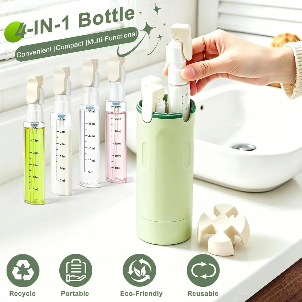 4-Pack Leak-Proof Plastic 4-in-1 Travel Toiletry Dispensers, 30ml Refillable Toiletries Storage Bottles for Shampoo, Conditioner, Body Wash, Lotion - Portable Home Organizer for Camping, Vacation