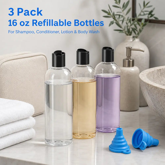 3-Pack 16oz Clear PET Refill Bottles + 2 Funnels, BPA-Free Squeeze/Disc-Top Travel Shampoo Conditioner Lotion Dispensers