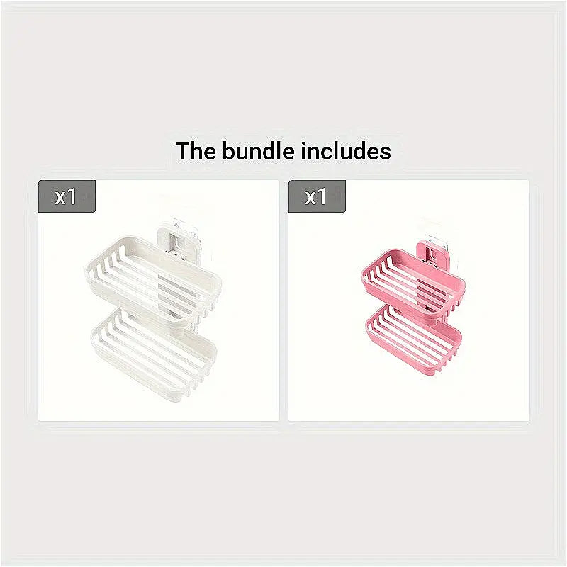 Beige-Pink Wall-Mount Plastic 2-Layer Rectangle Soap Dish Set, Durable Compact Bathroom Storage Organizer, Removable Home Bathroom Supply