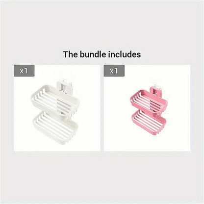 Beige-Pink Wall-Mount Plastic 2-Layer Rectangle Soap Dish Set, Durable Compact Bathroom Storage Organizer, Removable Home Bathroom Supply