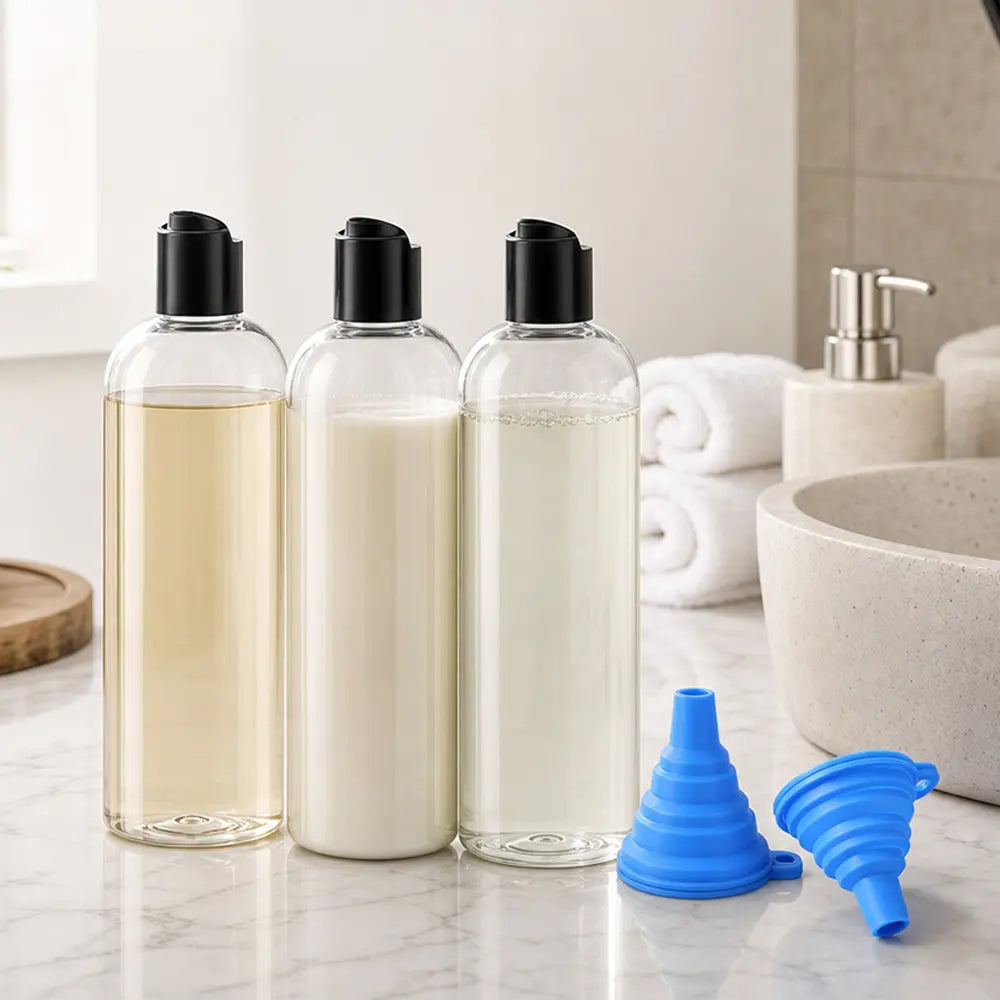 3-Pack 16oz Clear PET Refill Bottles + 2 Funnels, BPA-Free Squeeze/Disc-Top Travel Shampoo Conditioner Lotion Dispensers