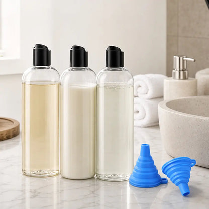 3-Pack 16oz Clear PET Refill Bottles + 2 Funnels, BPA-Free Squeeze/Disc-Top Travel Shampoo Conditioner Lotion Dispensers