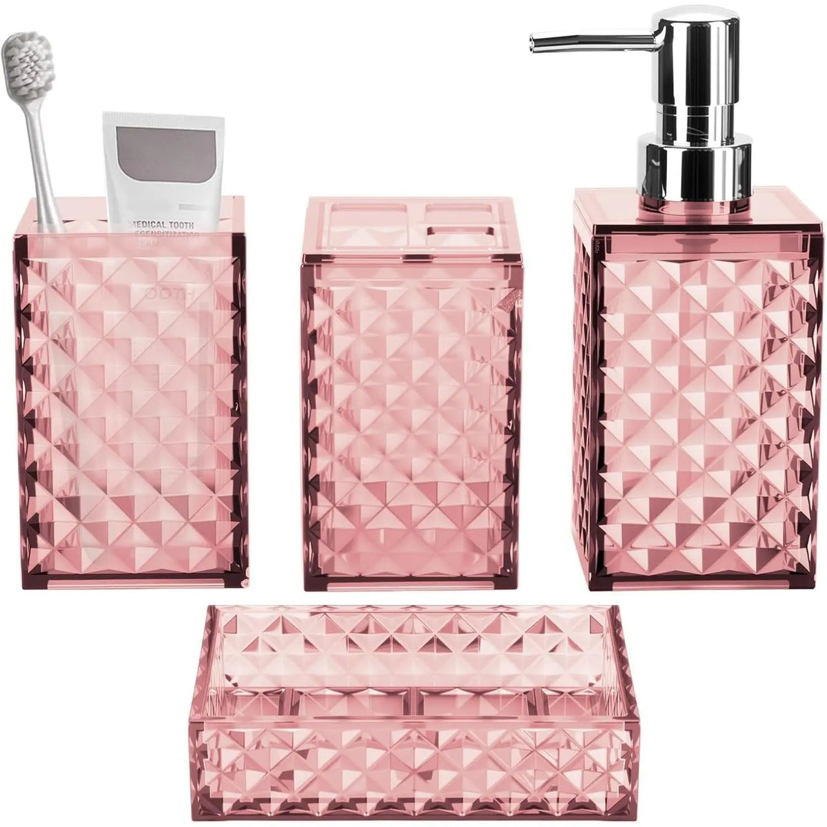 Grey Grid Pattern 4-Piece Stainless Steel Bathroom Accessory Set - Pump Dispenser, Soap Dish, Toothbrush Holder, Polypropylene Mouthwash Cup, Space Saver Modern Decor, Ideal Gift
