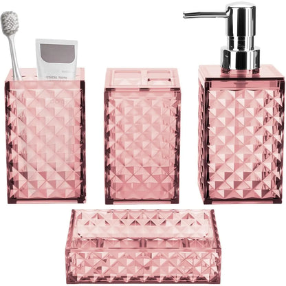 Grey Grid Pattern 4-Piece Stainless Steel Bathroom Accessory Set - Pump Dispenser, Soap Dish, Toothbrush Holder, Polypropylene Mouthwash Cup, Space Saver Modern Decor, Ideal Gift