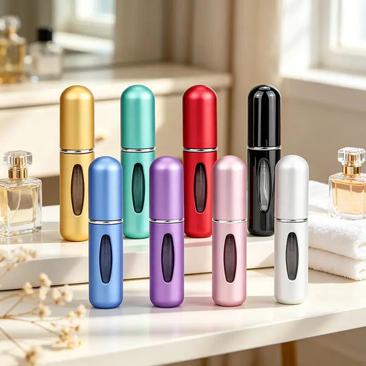 8Pcs Modern Aluminum 5mL Refillable Perfume Atomizer Bottles with Lid - Compact Travel Spray Vials, Tin Storage Case for Home Organization