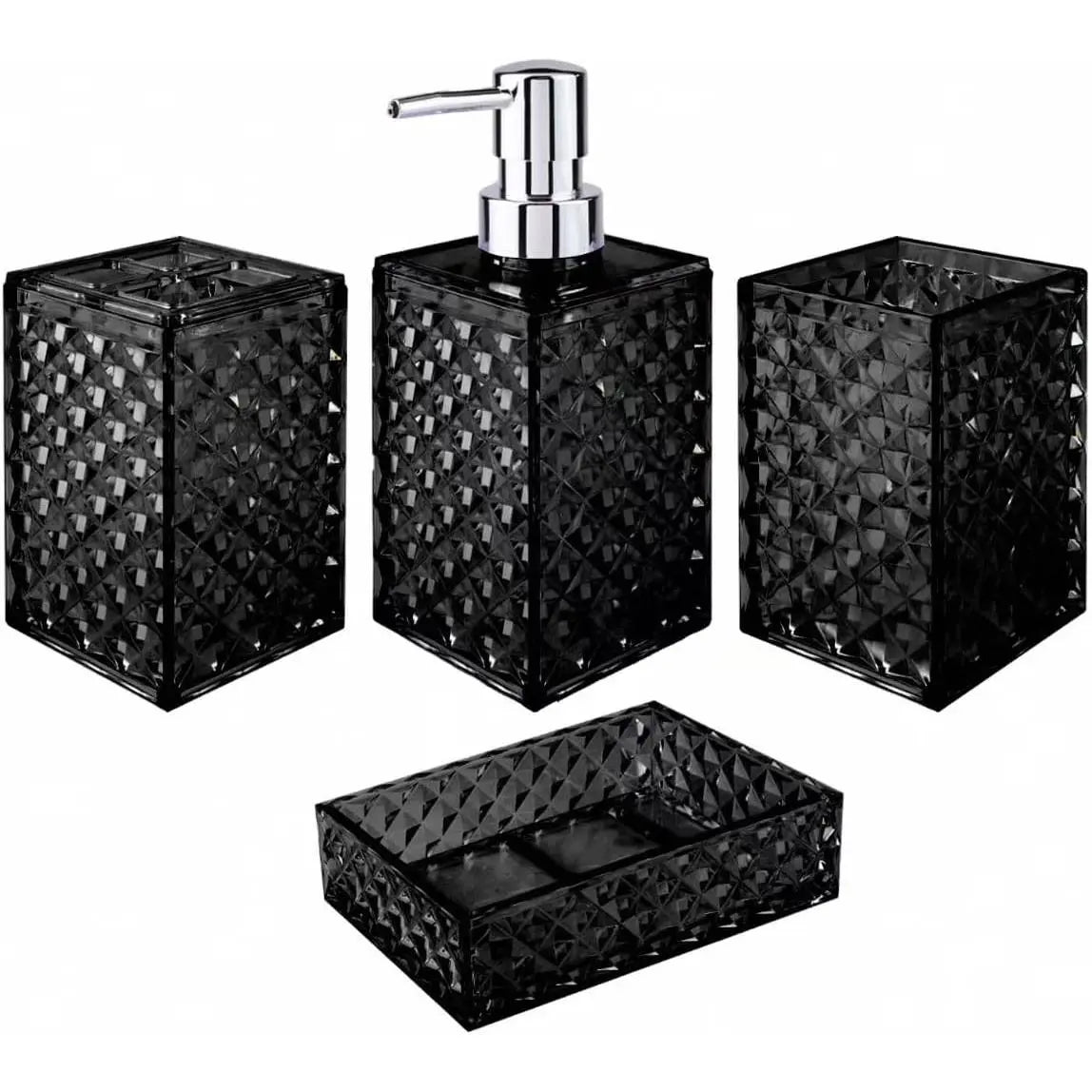 Grey Grid Pattern 4-Piece Stainless Steel Bathroom Accessory Set - Pump Dispenser, Soap Dish, Toothbrush Holder, Polypropylene Mouthwash Cup, Space Saver Modern Decor, Ideal Gift