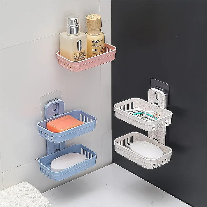 Beige-Pink Wall-Mount Plastic 2-Layer Rectangle Soap Dish Set, Durable Compact Bathroom Storage Organizer, Removable Home Bathroom Supply