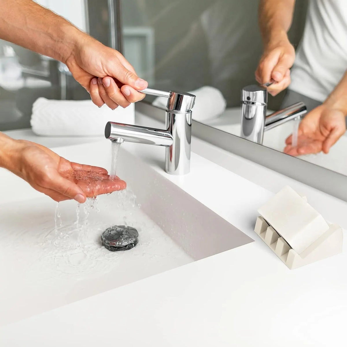 USA Patented Silicone Soap Dish Set - 2 Beige Self-Draining Holders, Easy-Clean Savers, Sponge Accessory for Kitchen