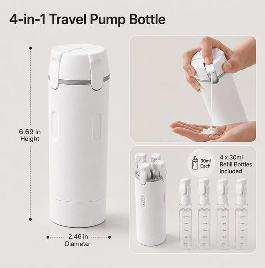 4-in-1 Travel Dispenser Bottle, Refillable Containers with Clear Scale and Waterproof Labels, Leak Resistant Travel Toiletry Bottles for Cosmetics, Shampoo, Lotion, White