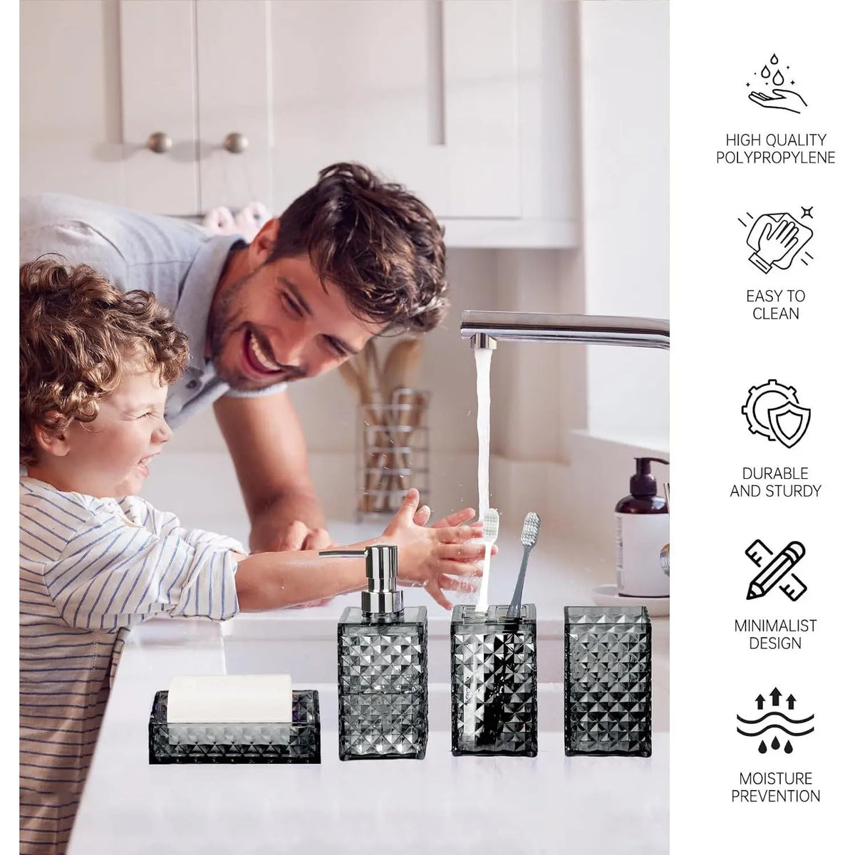 Grey Grid Pattern 4-Piece Stainless Steel Bathroom Accessory Set - Pump Dispenser, Soap Dish, Toothbrush Holder, Polypropylene Mouthwash Cup, Space Saver Modern Decor, Ideal Gift