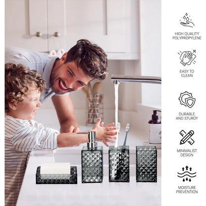 Grey Grid Pattern 4-Piece Stainless Steel Bathroom Accessory Set - Pump Dispenser, Soap Dish, Toothbrush Holder, Polypropylene Mouthwash Cup, Space Saver Modern Decor, Ideal Gift