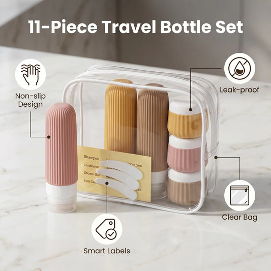 11Pcs Leakproof Silicone Travel Bottles Set - Refillable Cosmetic Storage Containers, Reusable Compact Set with Labels & Toiletry Bag, Portable Travel & Perfume Bottle Kit for Shampoo, Body Wash, Skincare (Vacation, Gym Use)