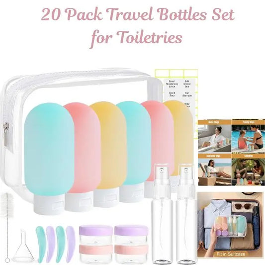 20-Pack Leakproof Travel Toiletry Bottles Set - TSA-Approved, Checkpoint-Friendly, Refillable, Compact Home Organizer Storage Containers for Adults, Eco-Friendly for Shampoo, Conditioner (Multi-Pack Home Supplies)