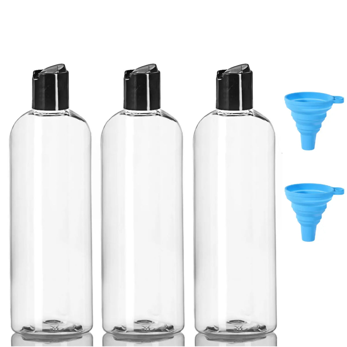 3Pcs 16 oz Refillable Plastic Travel Bottles (3 bottles) with Black Disc Top Caps, 2 Small Funnels, Squeeze Empty Cosmetic Containers for Shampoo, Conditioner, Lotion, Body Soap Cream - Home Improvement Gift,sohochic
