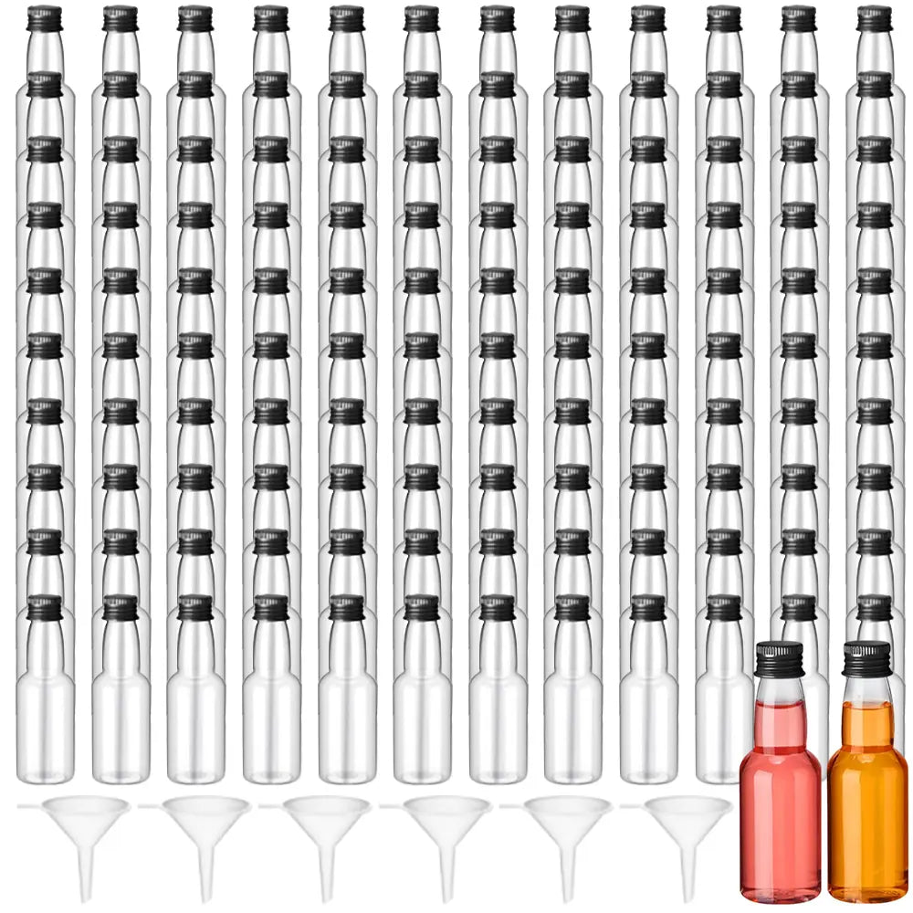 120-Piece Bulk Transparent Plastic Carbonated Water Storage Bottles (4.337 Inches Height, 2 fl oz) with Leakproof Caps, 6 Funnel Pouring Aids - Home & Kitchen Organization Supplies for Weddings, Birthdays
