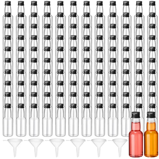 120-Piece Bulk Transparent Plastic Carbonated Water Storage Bottles (4.337 Inches Height, 2 fl oz) with Leakproof Caps, 6 Funnel Pouring Aids - Home & Kitchen Organization Supplies for Weddings, Birthdays