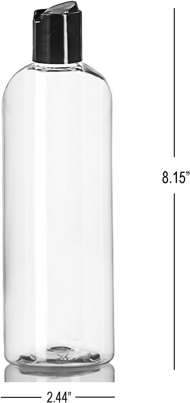 ljdeals 16 oz Clear Plastic Empty Bottles with Black Disc Top Caps, Squeezable Refillable Containers for Shampoo, Lotions, Cream and more Pack of 2, BPA Free, Made in USA