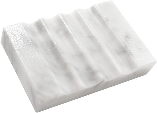 WeDoDecor Real Marble Soap Dish for Shower Stone Tray Small Bar Soap Holder with Self Draining | Non-Slip, Luxury Bath Room Accessories (White)